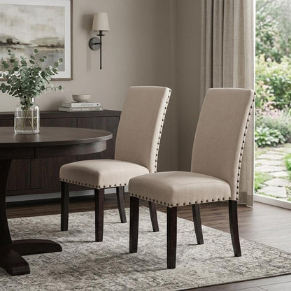 Set of Two Taupe and Dark Brown Linen Dining Side Chairs HomeRoots