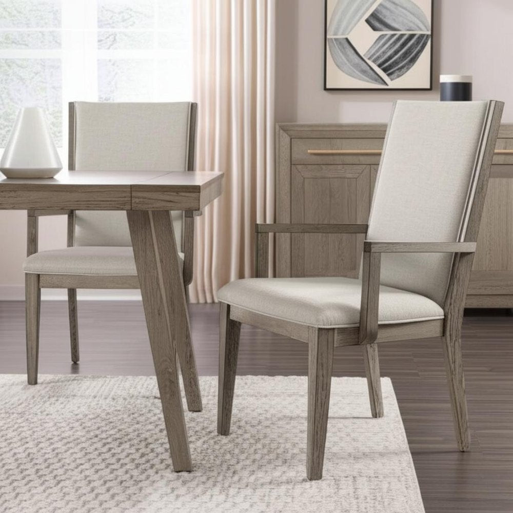 Set of Two Gray Fabric And Solid Wood Dining Arm Chairs HomeRoots
