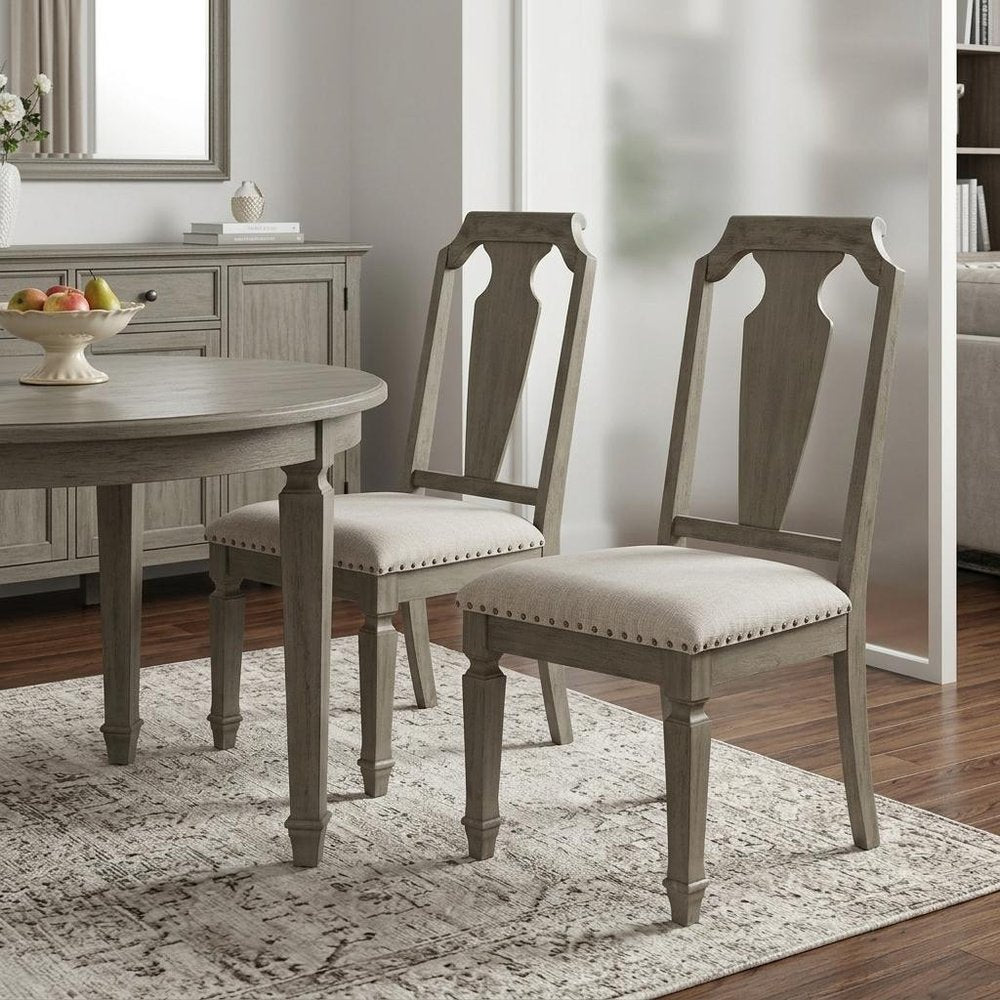Set of Two Beige And Oak Linen And Solid Wood Open Back Dining Side Chairs HomeRoots
