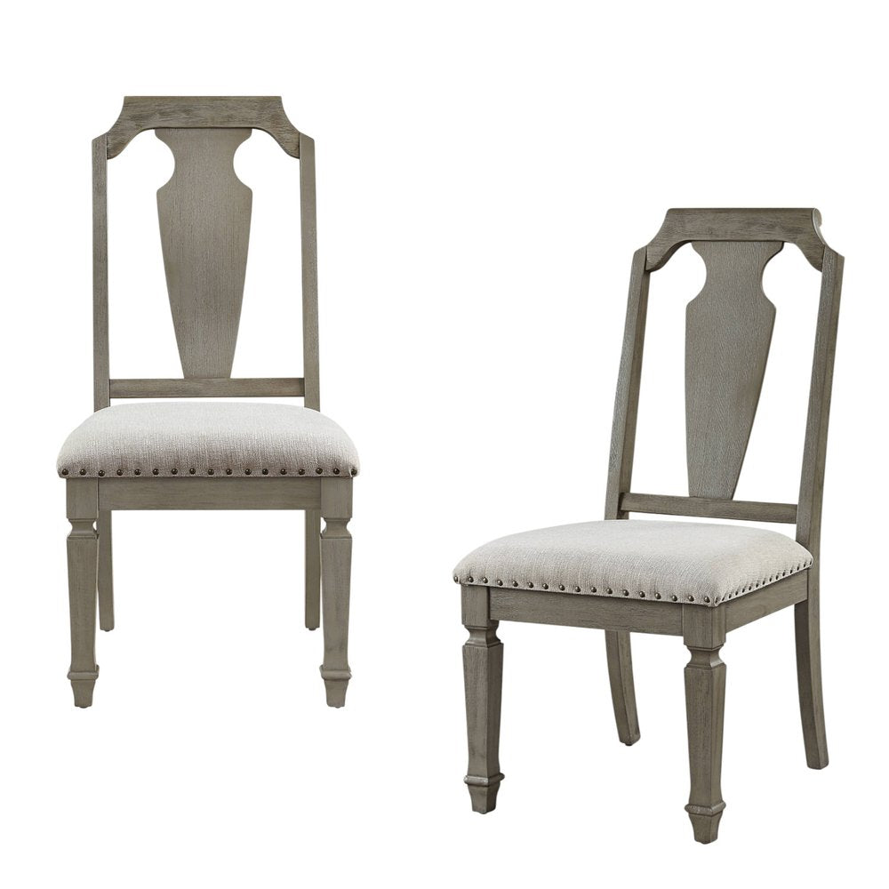 Set of Two Beige And Oak Linen And Solid Wood Open Back Dining Side Chairs HomeRoots