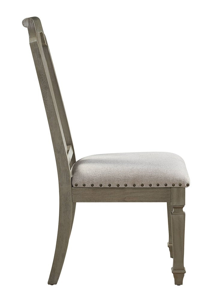 Set of Two Beige And Oak Linen And Solid Wood Open Back Dining Side Chairs HomeRoots