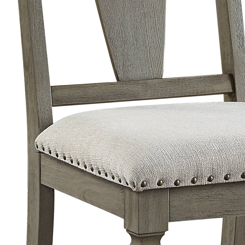 Set of Two Beige And Oak Linen And Solid Wood Open Back Dining Side Chairs — view 7