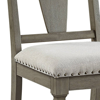 Set of Two Beige And Oak Linen And Solid Wood Open Back Dining Side Chairs HomeRoots