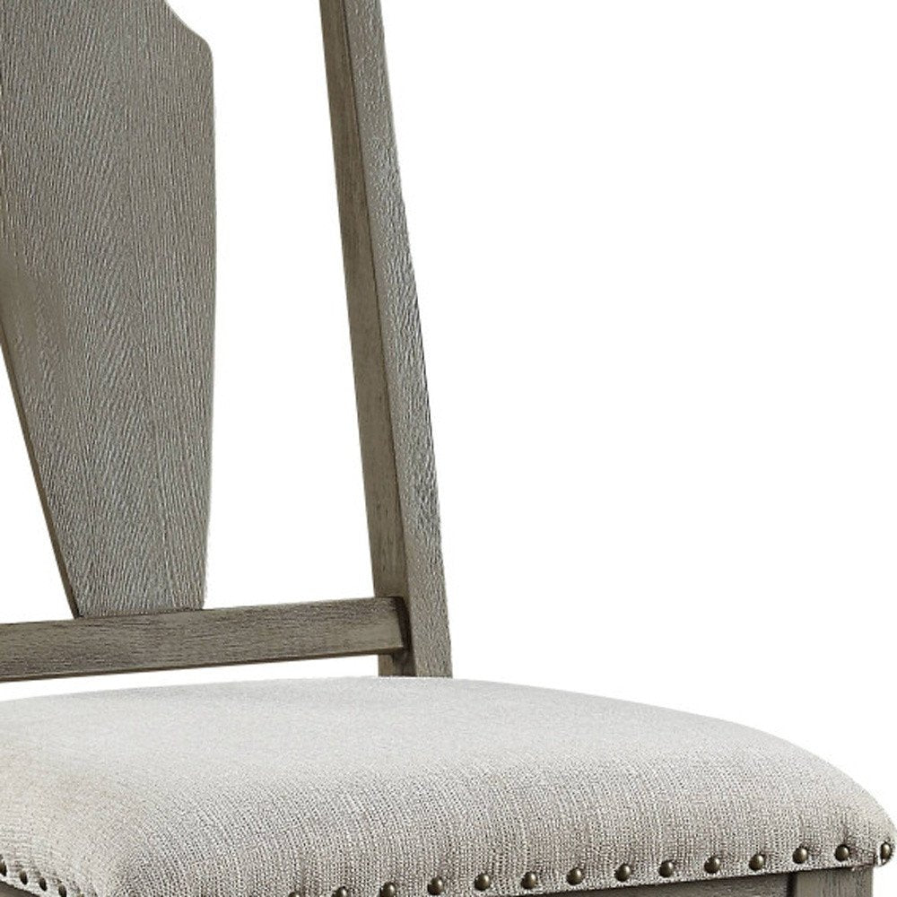 Set of Two Beige And Oak Linen And Solid Wood Open Back Dining Side Chairs — view 8