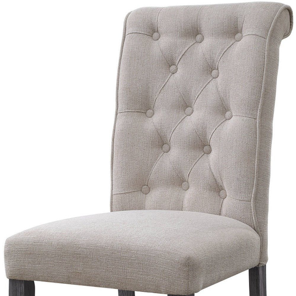 Set of Two Tufted Beige and Gray Upholstered Linen And Solid Wood Dining Side Chairs HomeRoots