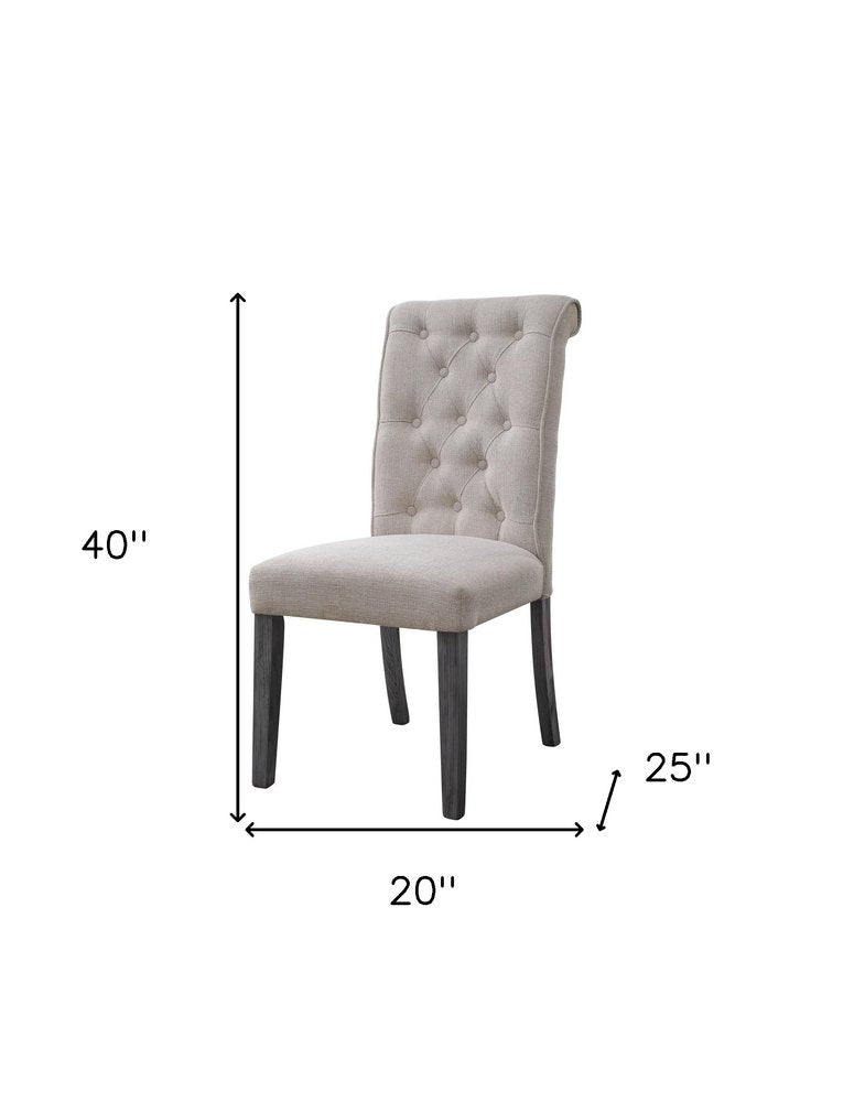 Set of Two Tufted Beige and Gray Upholstered Linen And Solid Wood Dining Side Chairs HomeRoots