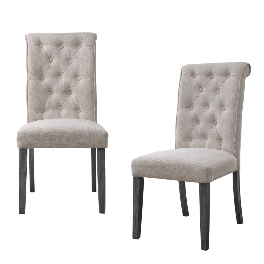 Set of Two Tufted Beige and Gray Upholstered Linen And Solid Wood Dining Side Chairs HomeRoots