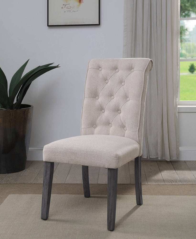 Set of Two Tufted Beige and Gray Upholstered Linen And Solid Wood Dining Side Chairs HomeRoots