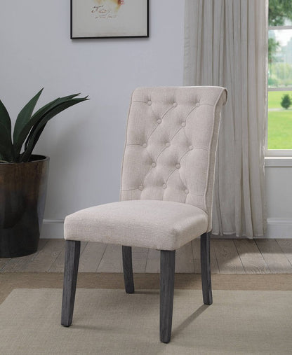 Set of Two Tufted Beige and Gray Upholstered Linen And Solid Wood Dining Side Chairs HomeRoots