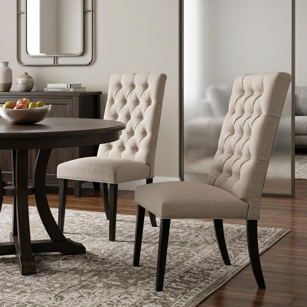 Set of Two Tan and Black Tufted Linen Open Back Dining Side Chairs HomeRoots