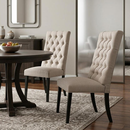 Set of Two Tan and Black Tufted Linen Open Back Dining Side Chairs HomeRoots