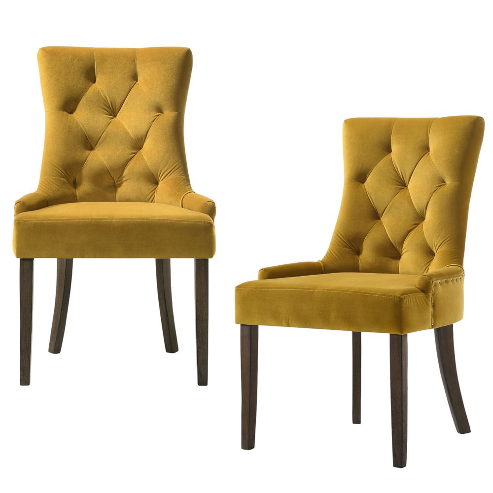 Set of Two Tufted Yellow and Espresso Upholstered Velvet And Solid Wood Dining Side Chairs HomeRoots