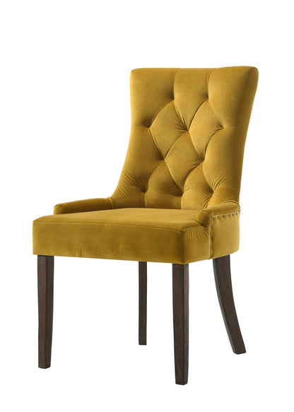 Set of Two Tufted Yellow and Espresso Upholstered Velvet And Solid Wood Dining Side Chairs HomeRoots