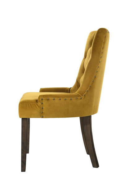 Set of Two Tufted Yellow and Espresso Upholstered Velvet And Solid Wood Dining Side Chairs HomeRoots