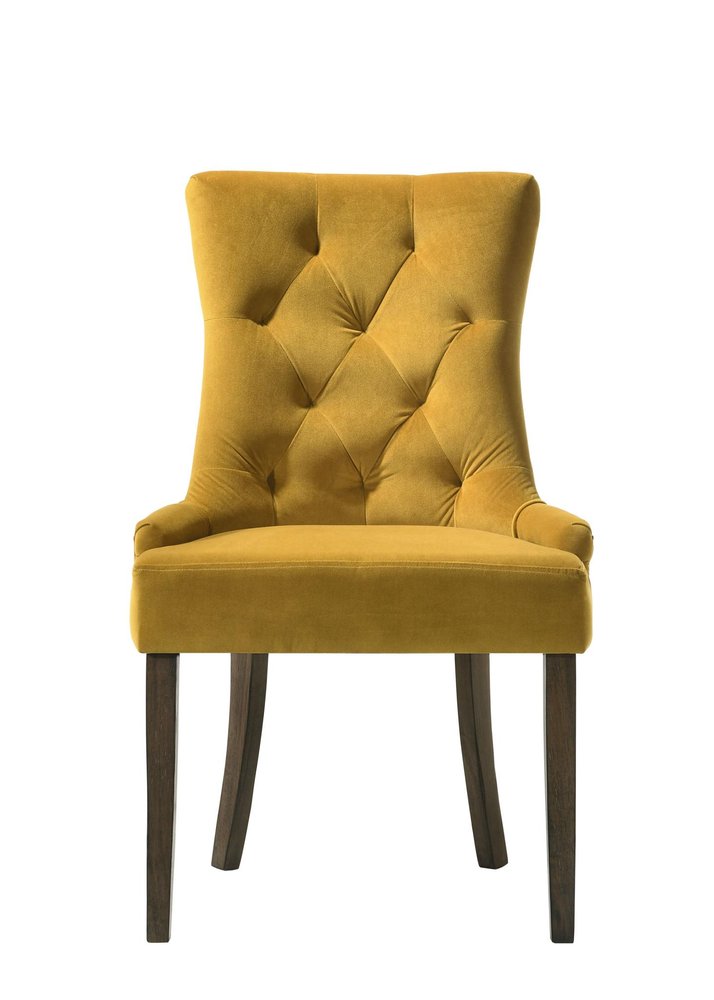 Set of Two Tufted Yellow and Espresso Upholstered Velvet And Solid Wood Dining Side Chairs HomeRoots