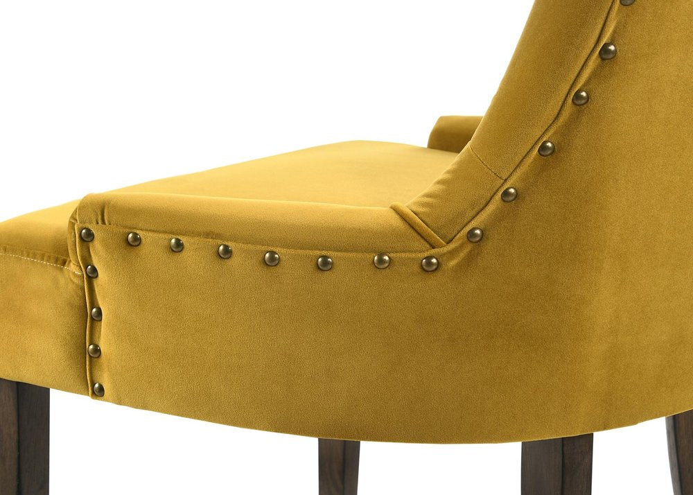 Set of Two Tufted Yellow and Espresso Upholstered Velvet And Solid Wood Dining Side Chairs HomeRoots