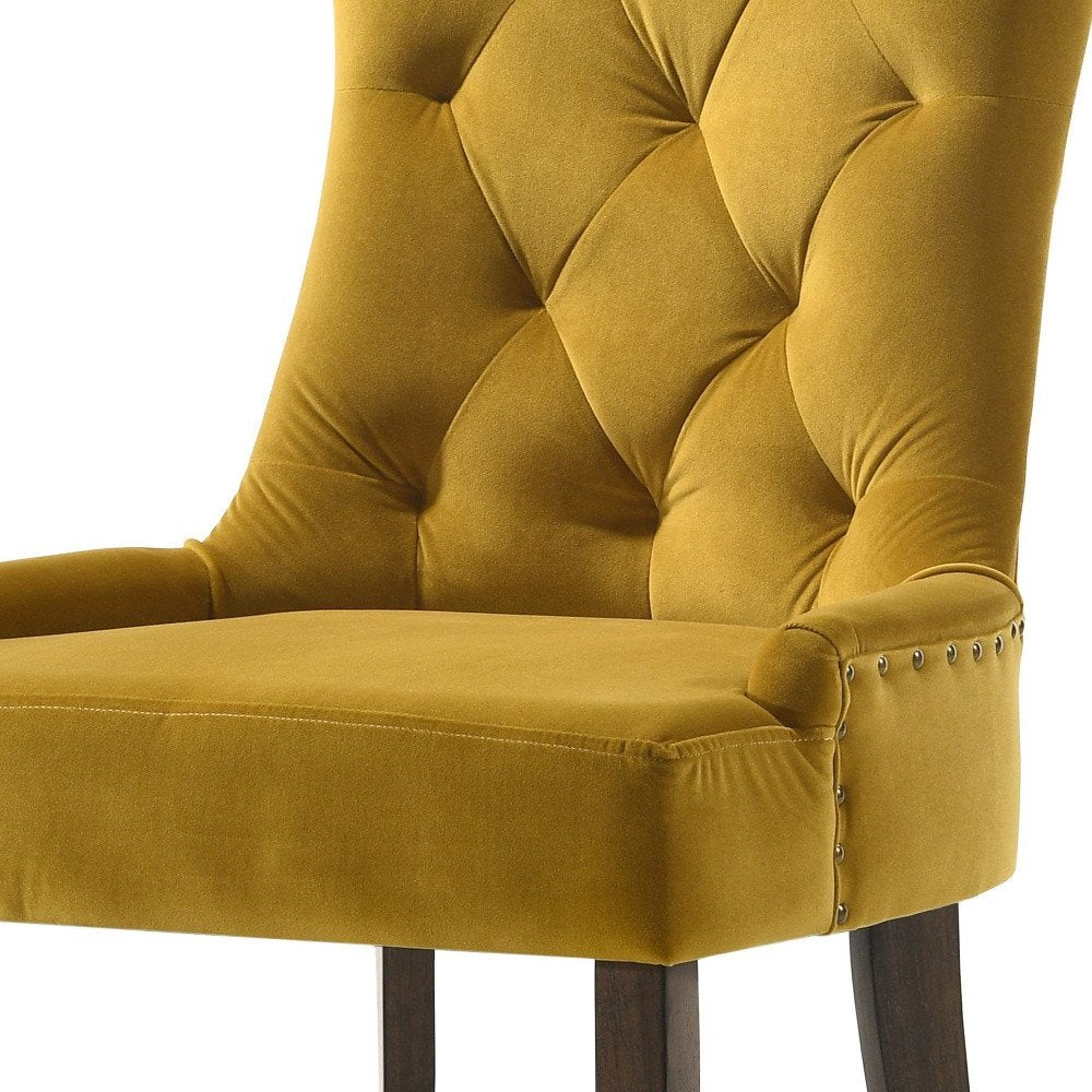 Set of Two Tufted Yellow and Espresso Upholstered Velvet And Solid Wood Dining Side Chairs HomeRoots