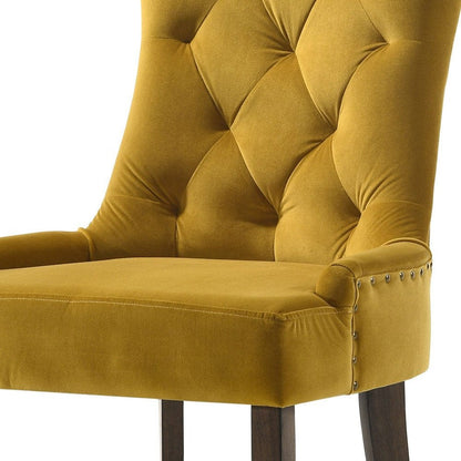 Set of Two Tufted Yellow and Espresso Upholstered Velvet And Solid Wood Dining Side Chairs HomeRoots