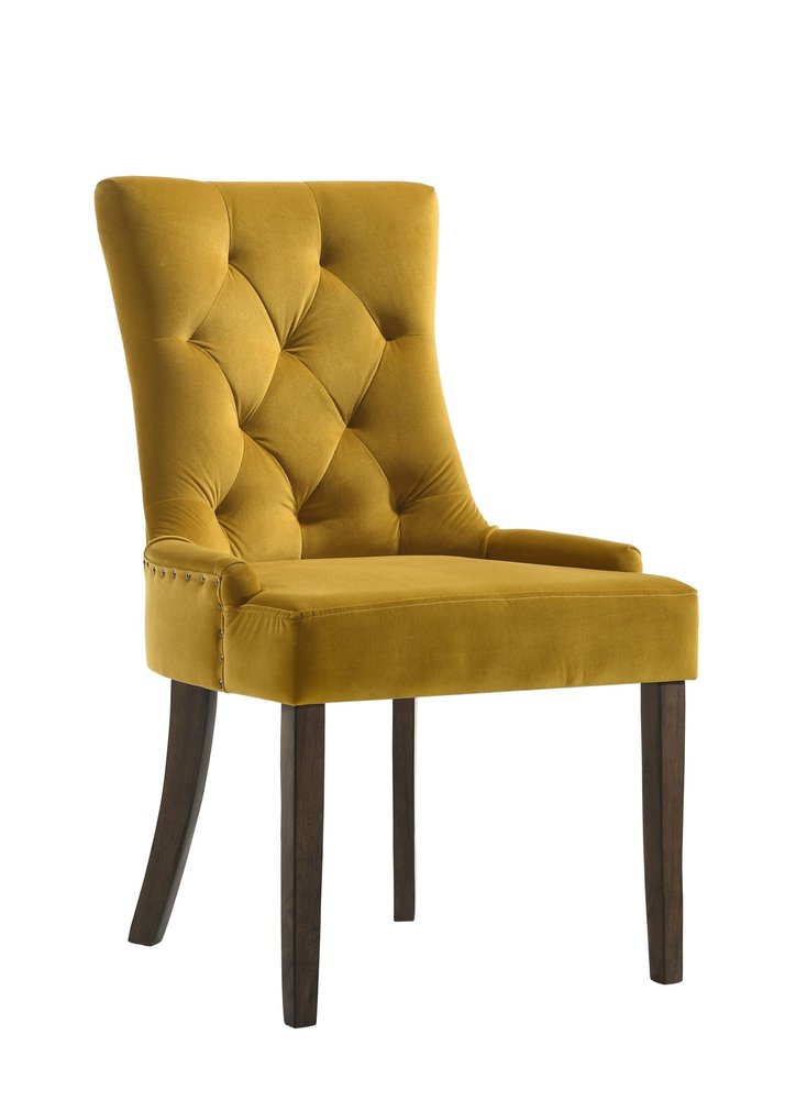 Set of Two Tufted Yellow and Espresso Upholstered Velvet And Solid Wood Dining Side Chairs HomeRoots