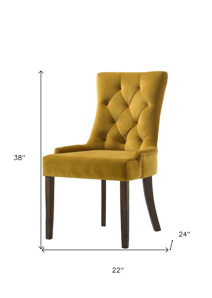 Set of Two Tufted Yellow and Espresso Upholstered Velvet And Solid Wood Dining Side Chairs HomeRoots