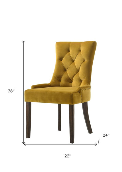 Set of Two Tufted Yellow and Espresso Upholstered Velvet And Solid Wood Dining Side Chairs HomeRoots