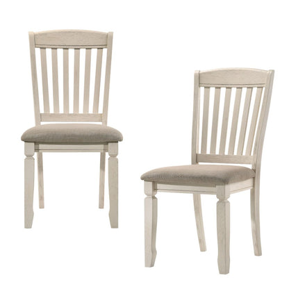 Set of Two Tan And Cream Fabric And Solid Wood Slat Back Dining Side Chairs