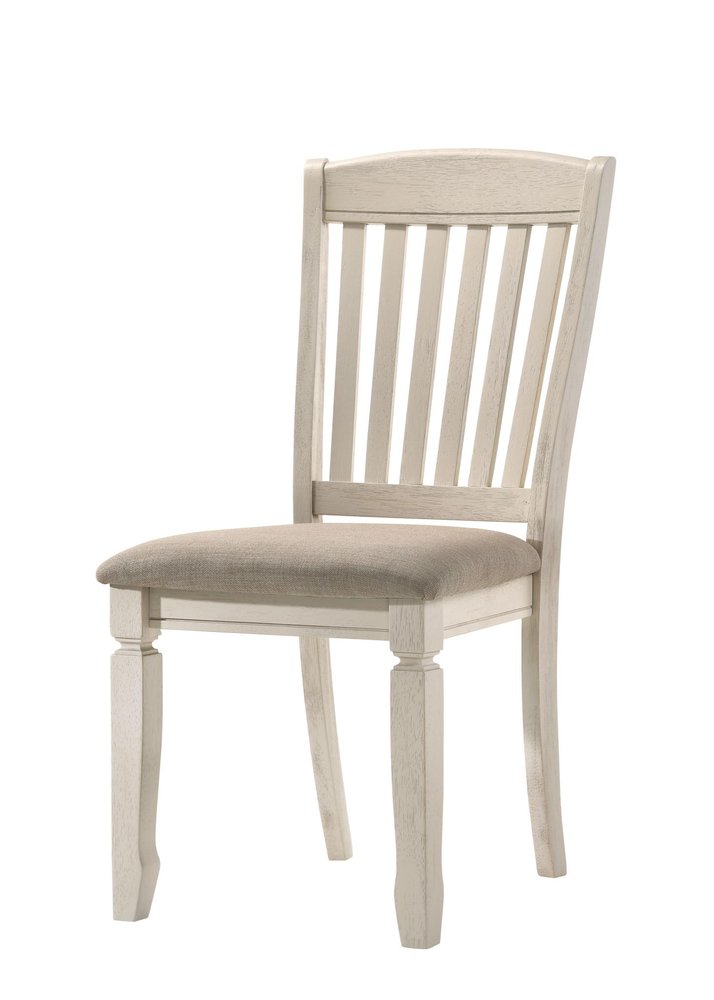 Set of Two Tan And Cream Fabric And Solid Wood Slat Back Dining Side Chairs — view 1