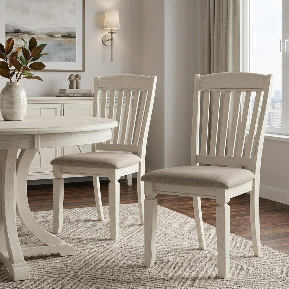 Set of Two Tan And Cream Fabric And Solid Wood Slat Back Dining Side Chairs — view 9