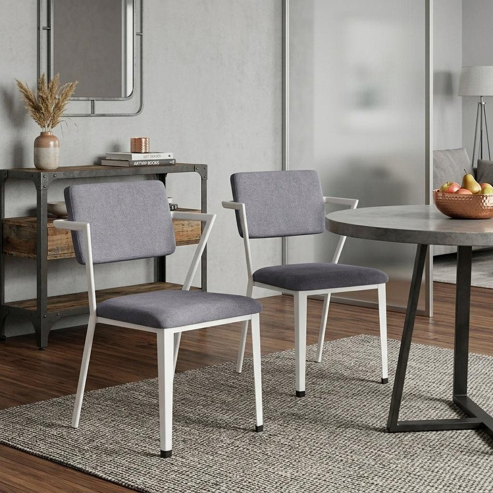 Set of Two Gray And White Fabric And Metal Partially Open Back Dining Side Chairs HomeRoots