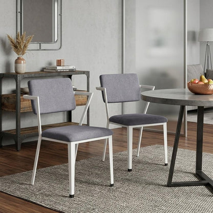 Set of Two Gray And White Fabric And Metal Partially Open Back Dining Side Chairs HomeRoots