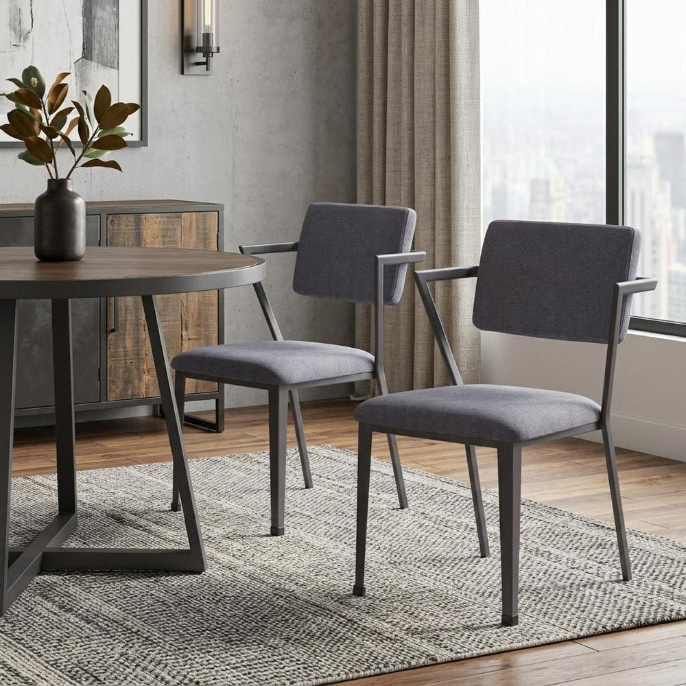 Set of Two Gray And Gunmetal Fabric And Metal Open Back Dining Side Chairs HomeRoots