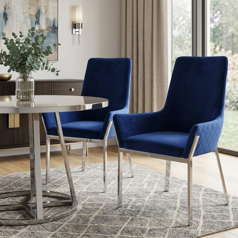 Set of Two Blue And Silver Tufted Velvet And Metal Dining Side Chairs HomeRoots
