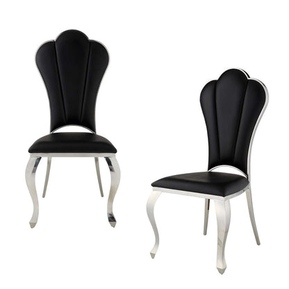 Set of Two Black And Silver Faux Leather And Stainless Steel Dining Side Chairs