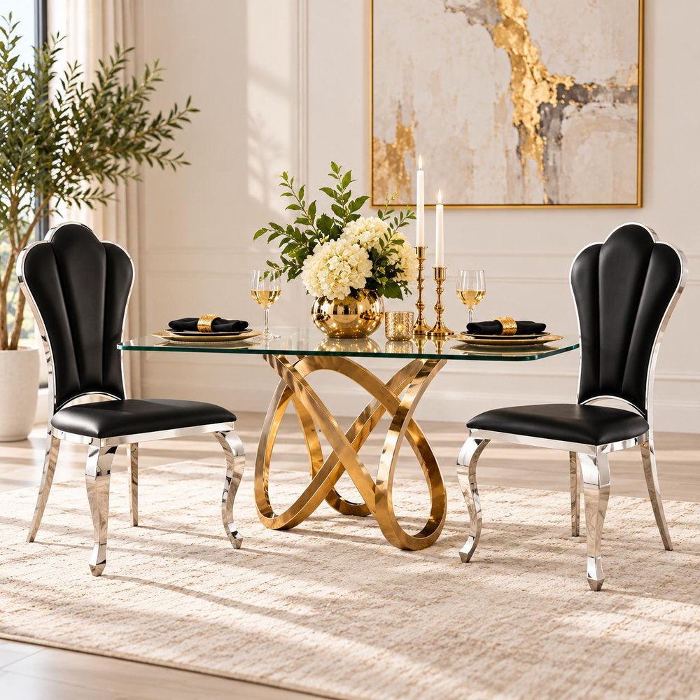 Set of Two Black And Silver Faux Leather And Stainless Steel Dining Side Chairs