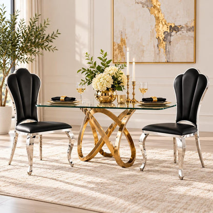 Set of Two Black And Silver Faux Leather And Stainless Steel Dining Side Chairs
