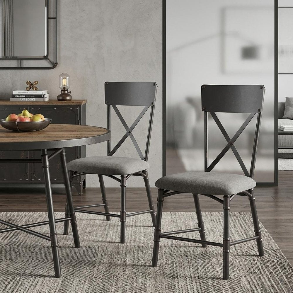 Set of Two Gray And Black Fabric And Metal Cross Back Dining Side Chairs — view 1