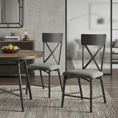 Set of Two Gray And Black Fabric And Metal Cross Back Dining Side Chairs HomeRoots