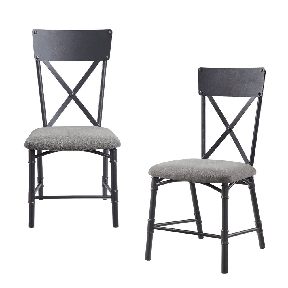 Set of Two Gray And Black Fabric And Metal Cross Back Dining Side Chairs HomeRoots