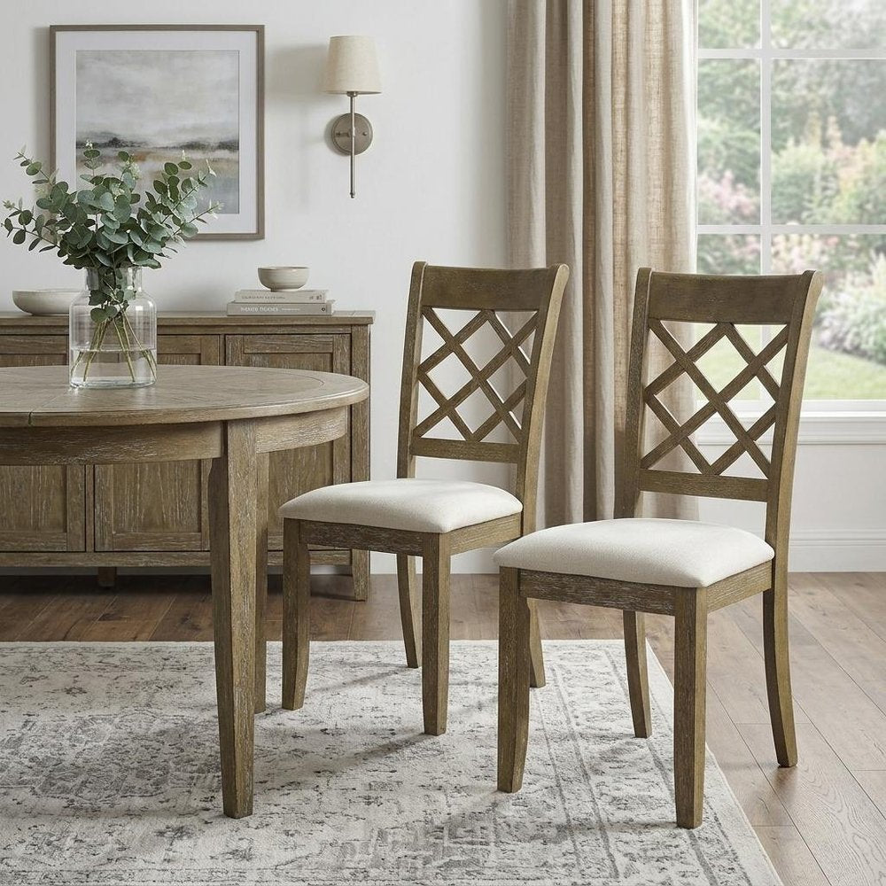 Set of Two Beige and Oak Linen Cross Back Dining Side Chairs HomeRoots