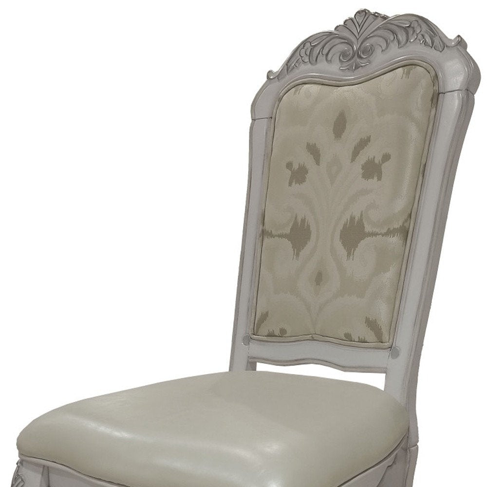 Set of Two White Fabric And Faux Leather And Wood Floral Print Dining Side Chairs HomeRoots