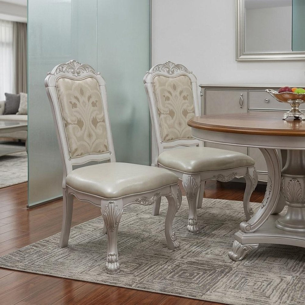 Set of Two White Fabric And Faux Leather And Wood Floral Print Dining Side Chairs — view 1