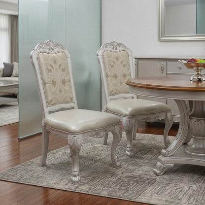 Set of Two White Fabric And Faux Leather And Wood Floral Print Dining Side Chairs HomeRoots