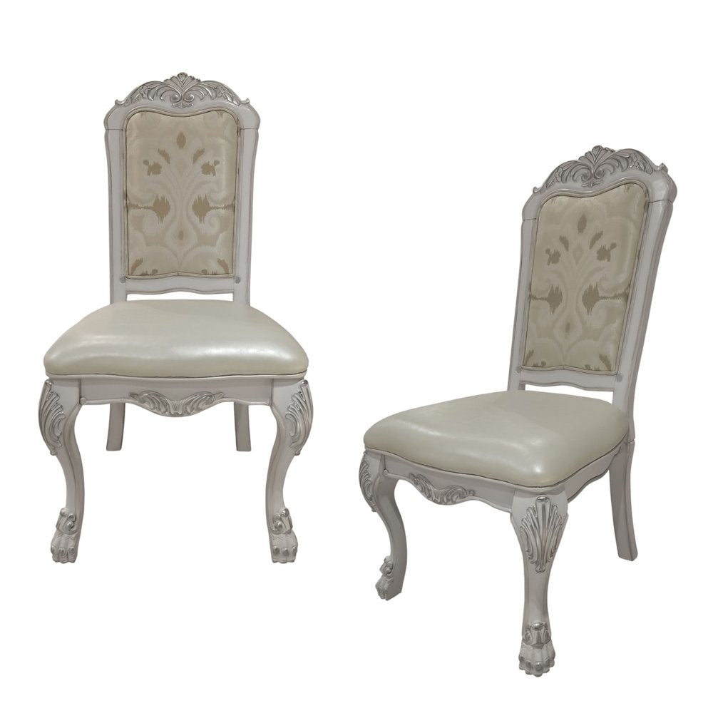 Set of Two White Fabric And Faux Leather And Wood Floral Print Dining Side Chairs HomeRoots