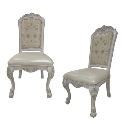 Set of Two White Fabric And Faux Leather And Wood Floral Print Dining Side Chairs HomeRoots