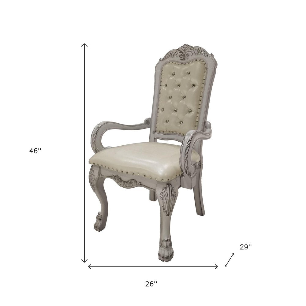 Set of Two Tufted White Upholstered Faux Leather And Wood Dining Arm Chairs HomeRoots