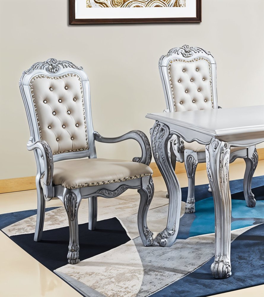 Set of Two Tufted White Upholstered Faux Leather And Wood Dining Arm Chairs HomeRoots