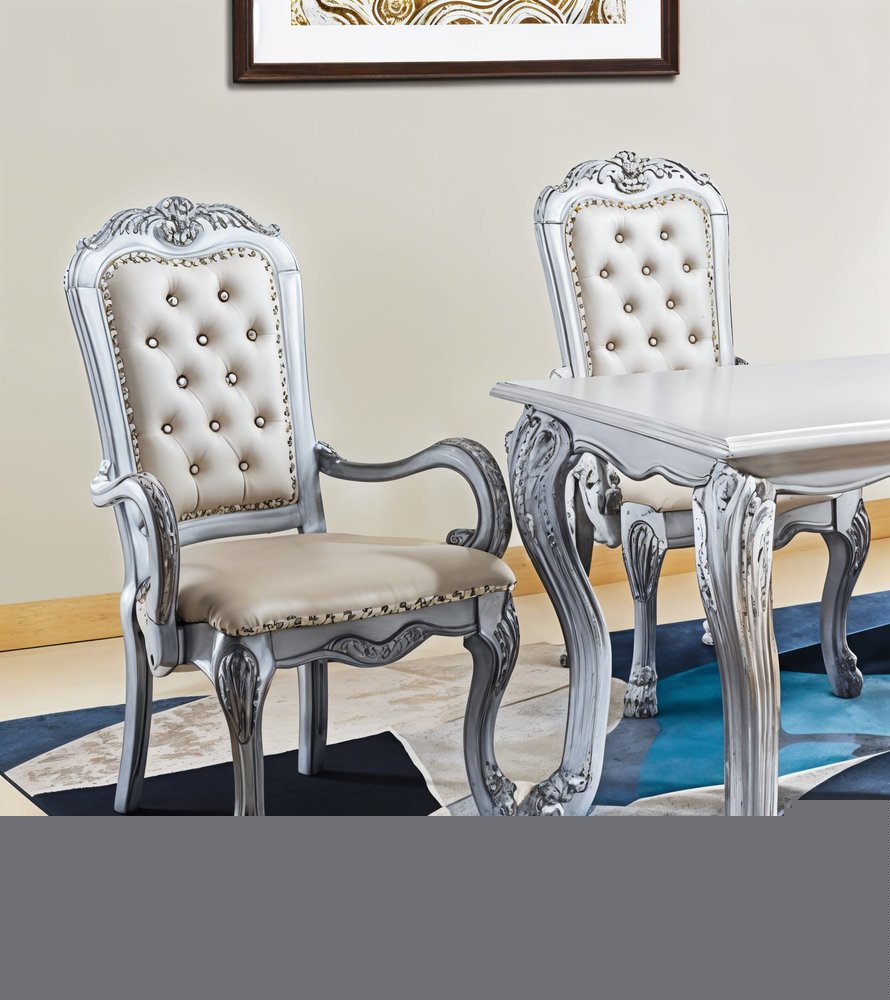 Set of Two Tufted White Upholstered Faux Leather And Wood Dining Arm Chairs HomeRoots