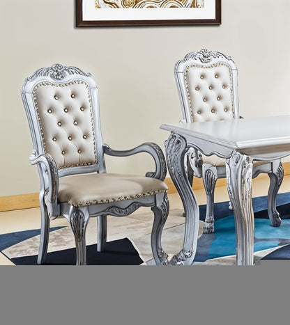 Set of Two Tufted White Upholstered Faux Leather And Wood Dining Arm Chairs HomeRoots