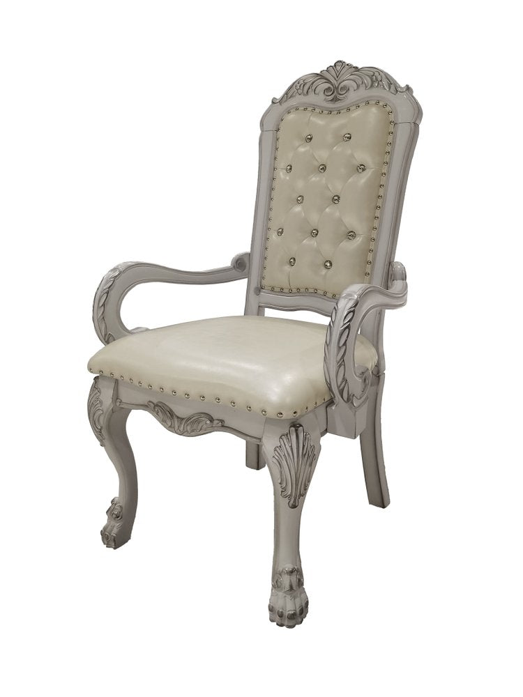 Set of Two Tufted White Upholstered Faux Leather And Wood Dining Arm Chairs HomeRoots