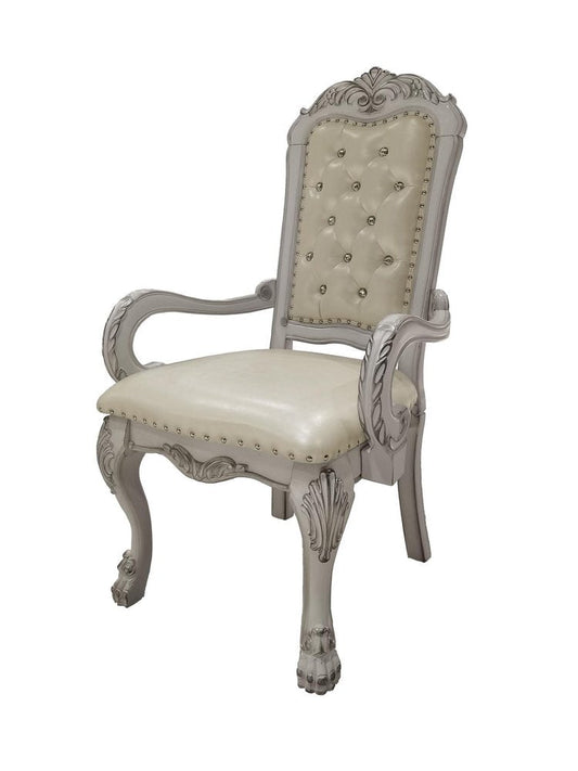 Set of Two Tufted White Upholstered Faux Leather And Wood Dining Arm Chairs HomeRoots